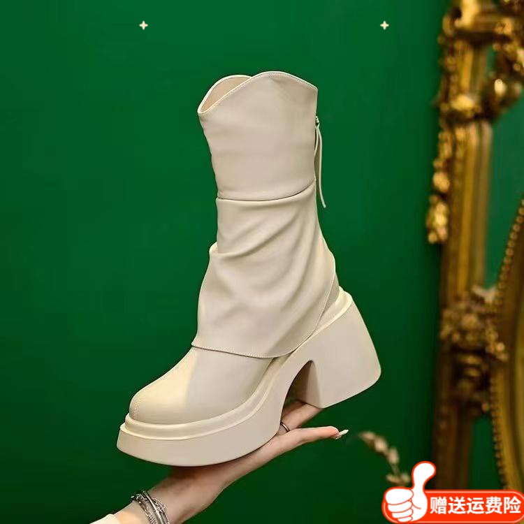 红蜻蜓牌韩版厚底短靴女方头粗跟烟管靴2023秋冬新款高跟百搭软底
