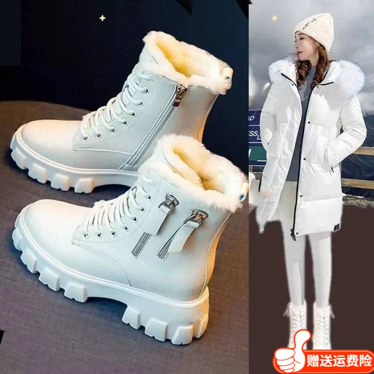 红蜻蜓牌现货马丁靴女鞋新款韩版加绒秋冬大码棉鞋女靴子增高厚底