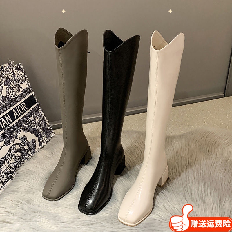 红蜻蜓牌加绒长筒靴女2023新款秋冬季高跟瘦瘦高筒骑士靴子马丁靴