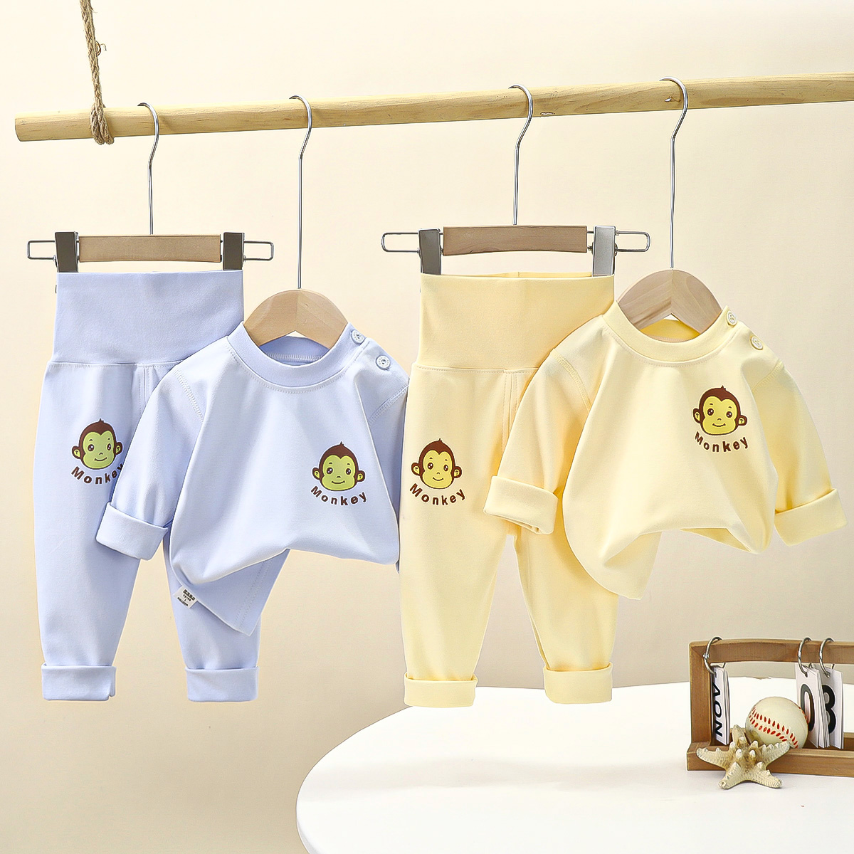 婴儿高腰护肚裤套装纯棉无骨宝宝秋衣秋裤春秋儿童家居服打底睡衣