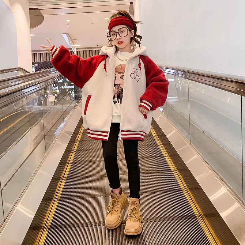 女童外套秋冬装2023新款洋气时髦儿童装夹棉加厚冬季羊羔绒毛毛衣