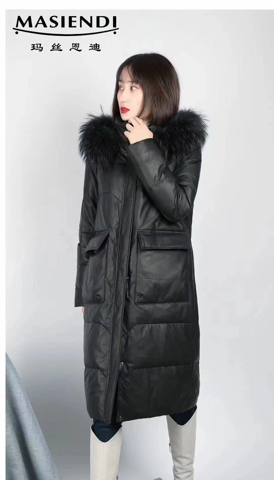 玛丝恩迪黑色韩版中长款保暖休闲冬季时尚羽绒服加厚女款45402