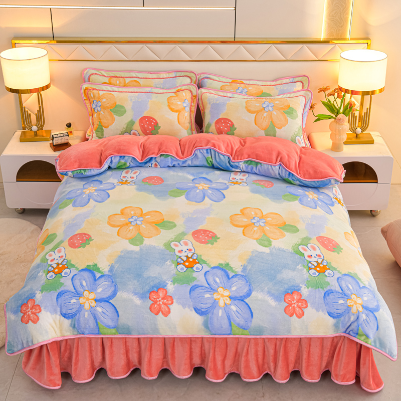 新款牛奶绒四件套加厚加密印花床裙保暖加绒四件套小清新款双面绒