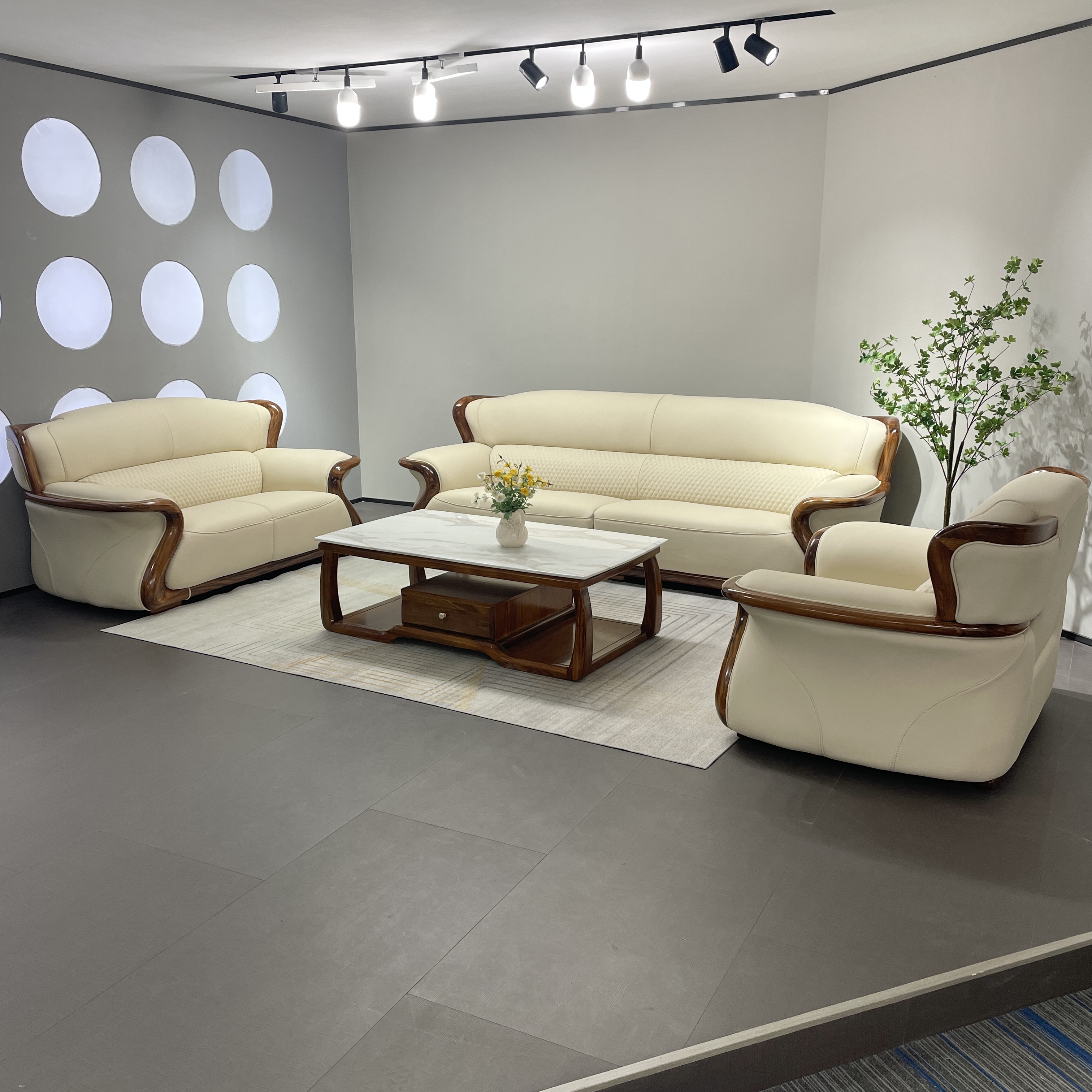 橙奢 现代新中式乌金木头层黄牛皮别墅简约奢华时尚客厅124组合沙