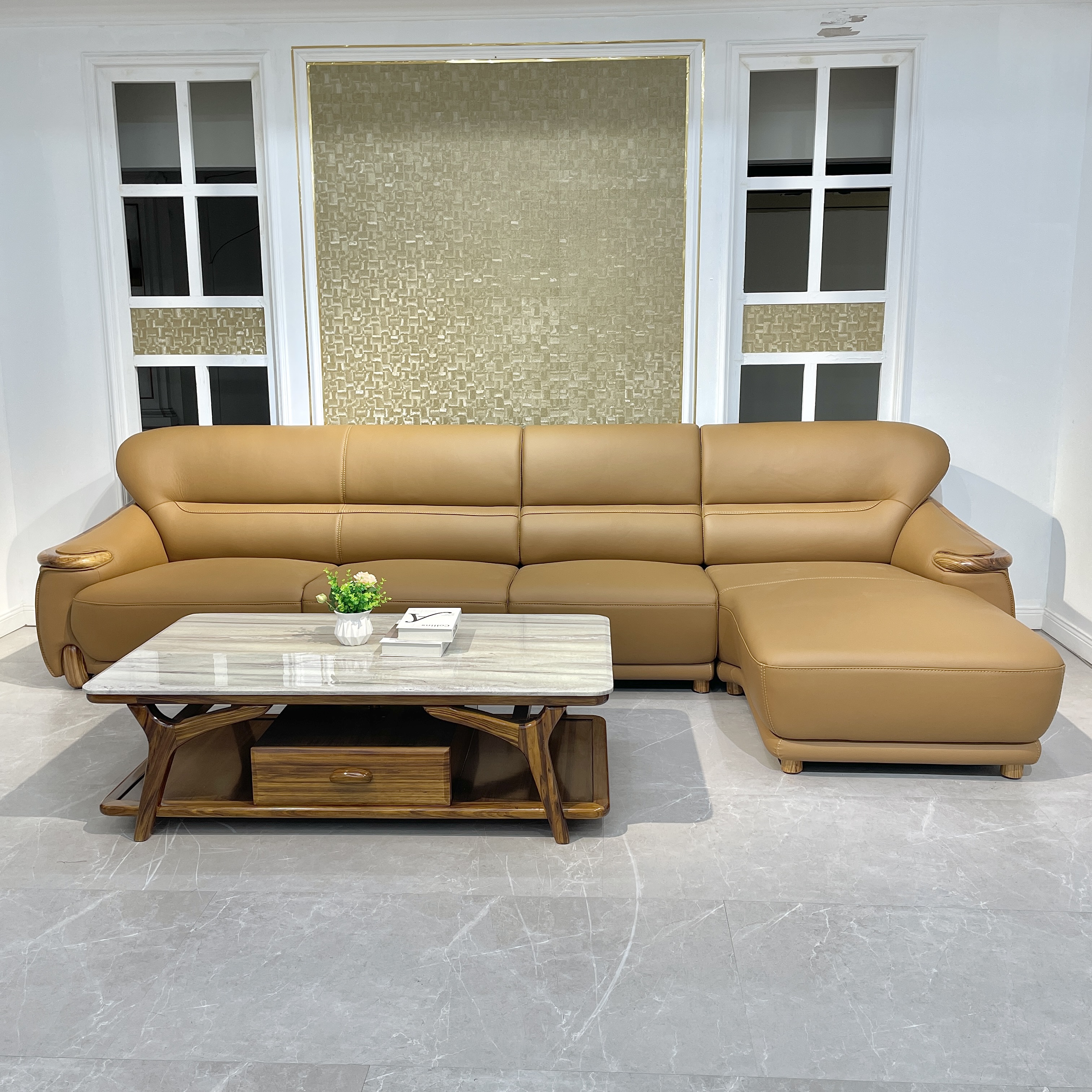 橙奢 现代新中式乌金木头层黄牛皮客厅贵妃转角贵妃365*95*93-170