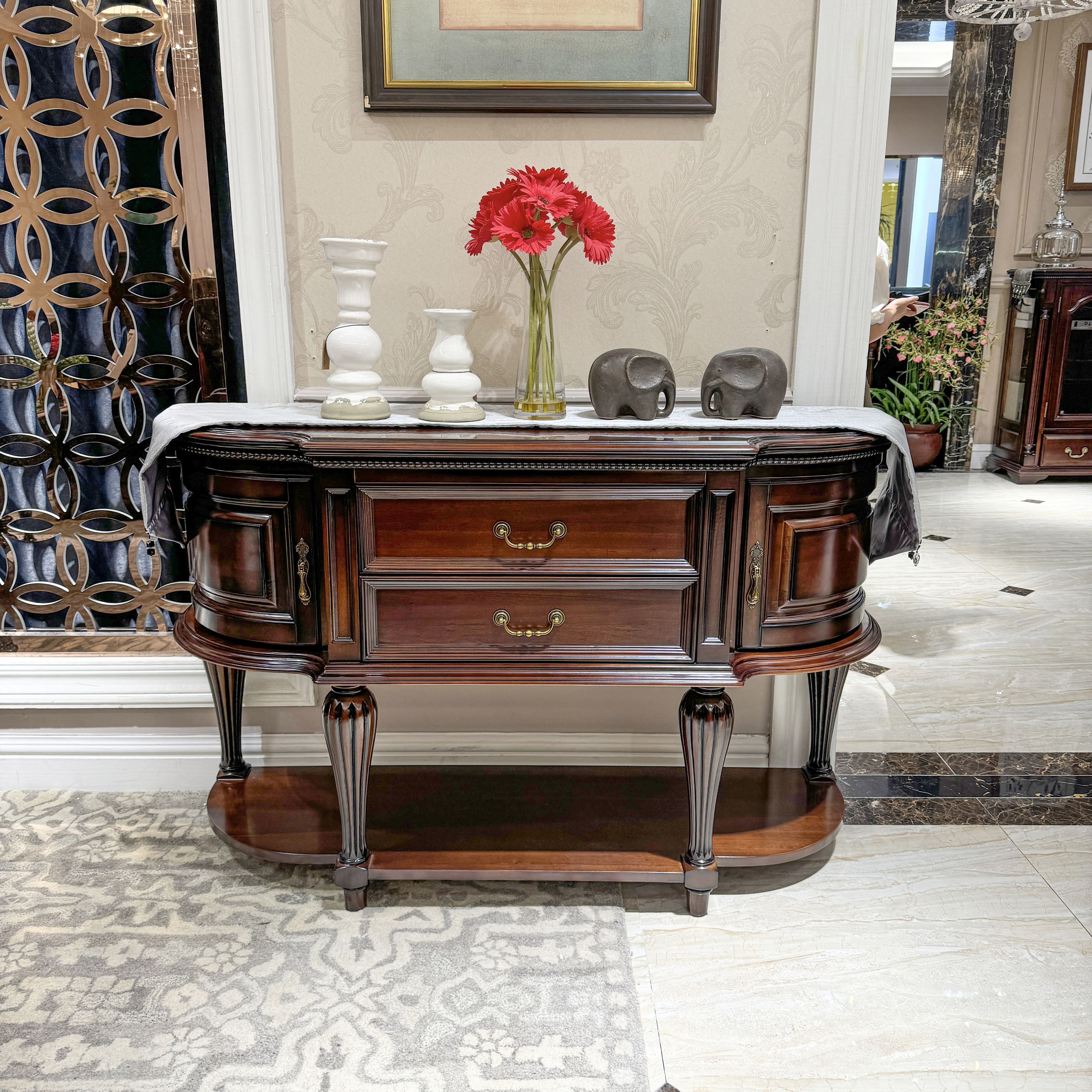 金丝黄檀木玄关柜美式收纳储物柜 1400*450*900隔断门厅半圆实木