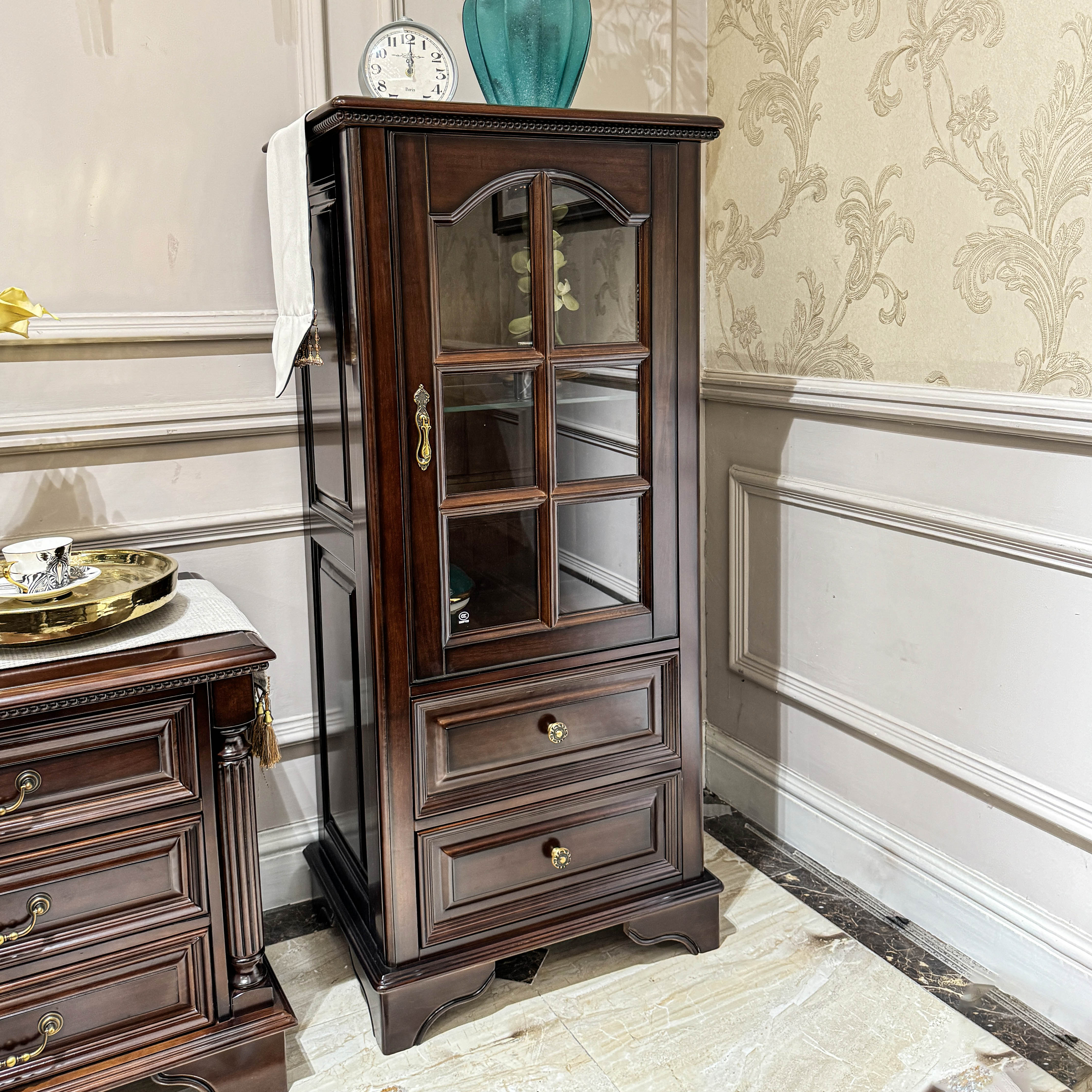 美式小叶樱桃木实木酒柜单门矮饰柜600*450*1350客厅边柜立柜复古