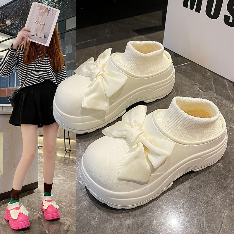 可爱蝴蝶结棉鞋女冬外穿2024新款加绒厚底包跟保暖防滑防水棉拖鞋