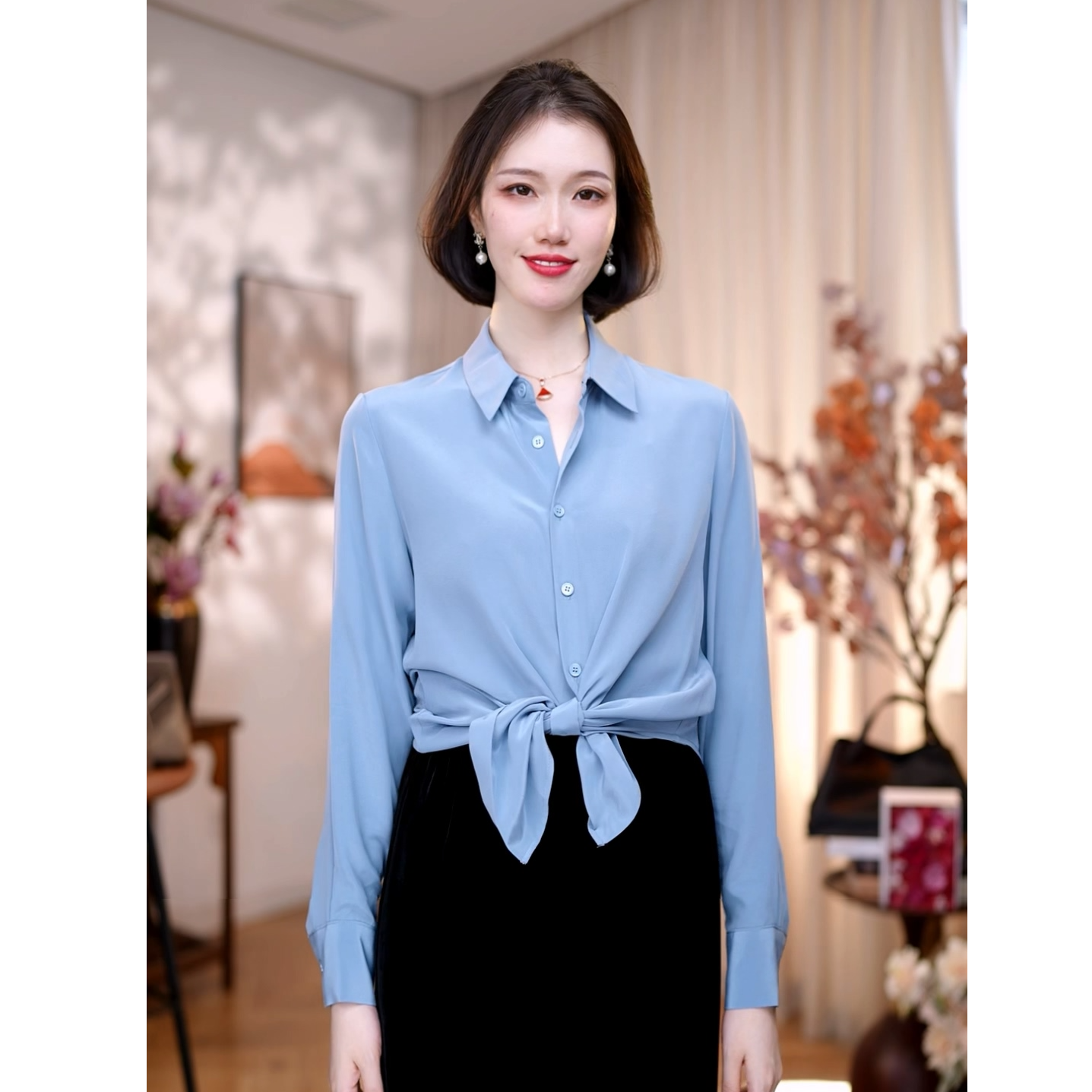 【白小白精选】理想三旬极简主义22姆米重磅桑蚕丝砂洗排扣衬衫9589