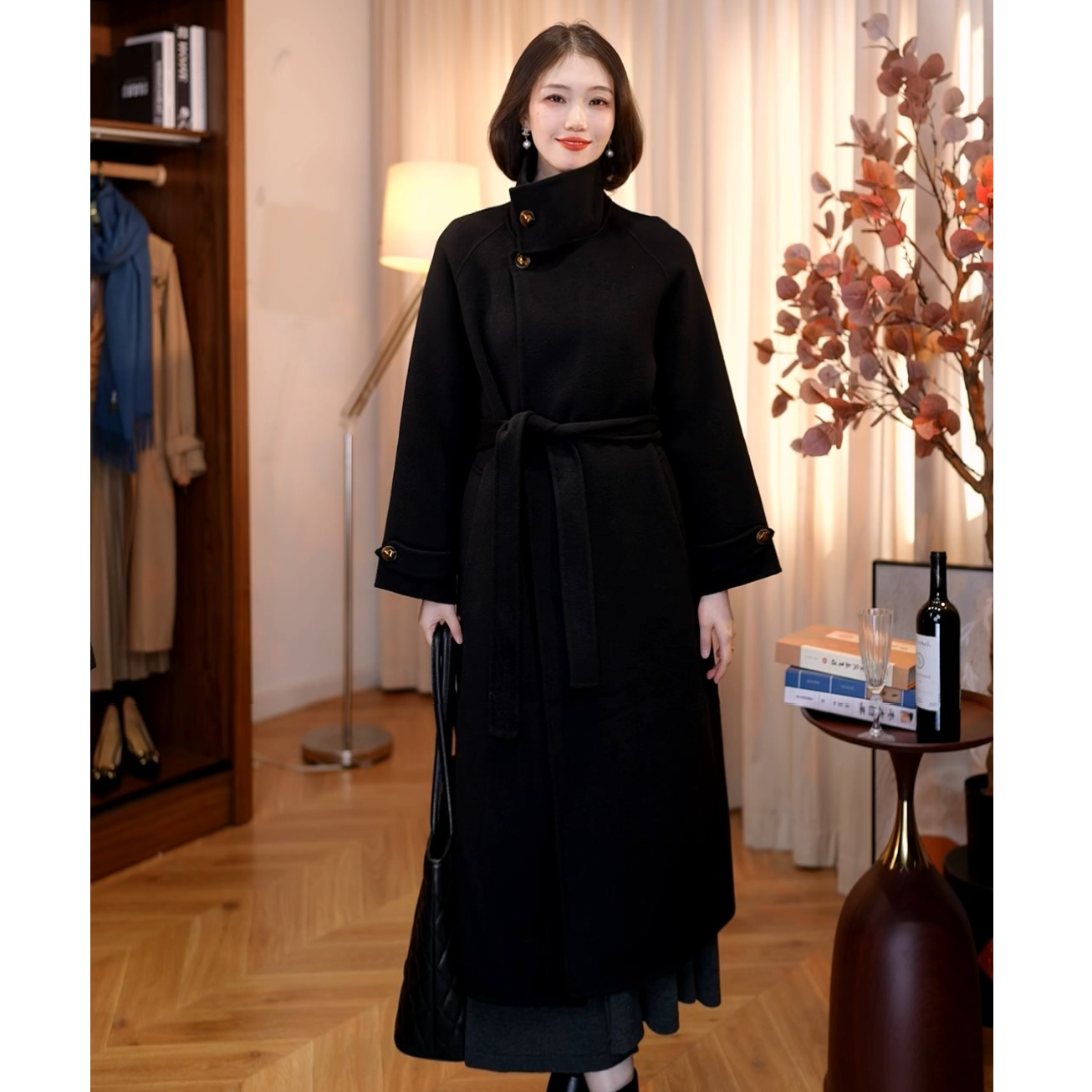 【白小白精选】黑金绵羊毛大衣高领防风中长款腰带显瘦秋冬外套2278