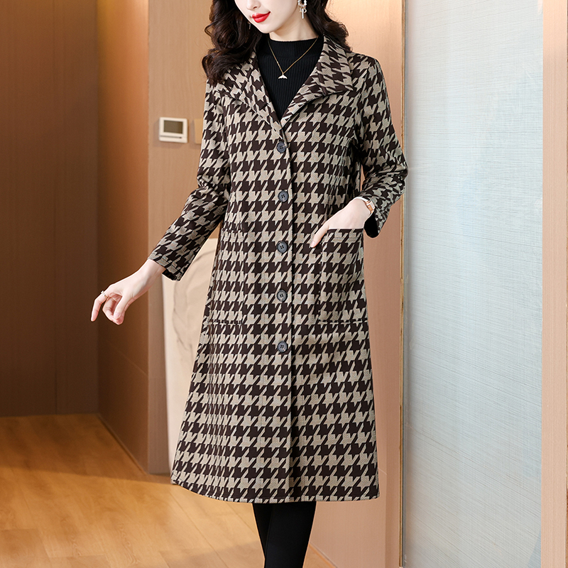 秋冬加长经典款千鸟格风衣大衣设计师款大牌气质时尚T台秀外套