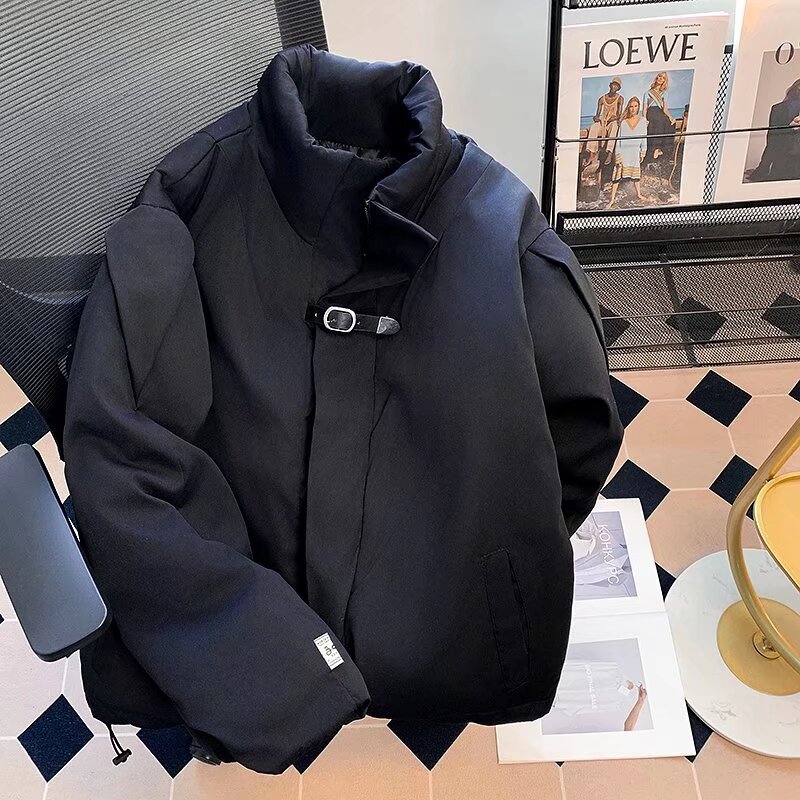 2024新款小众男士短款皮带扣金属感纯色棉服立领面包服秋冬百搭