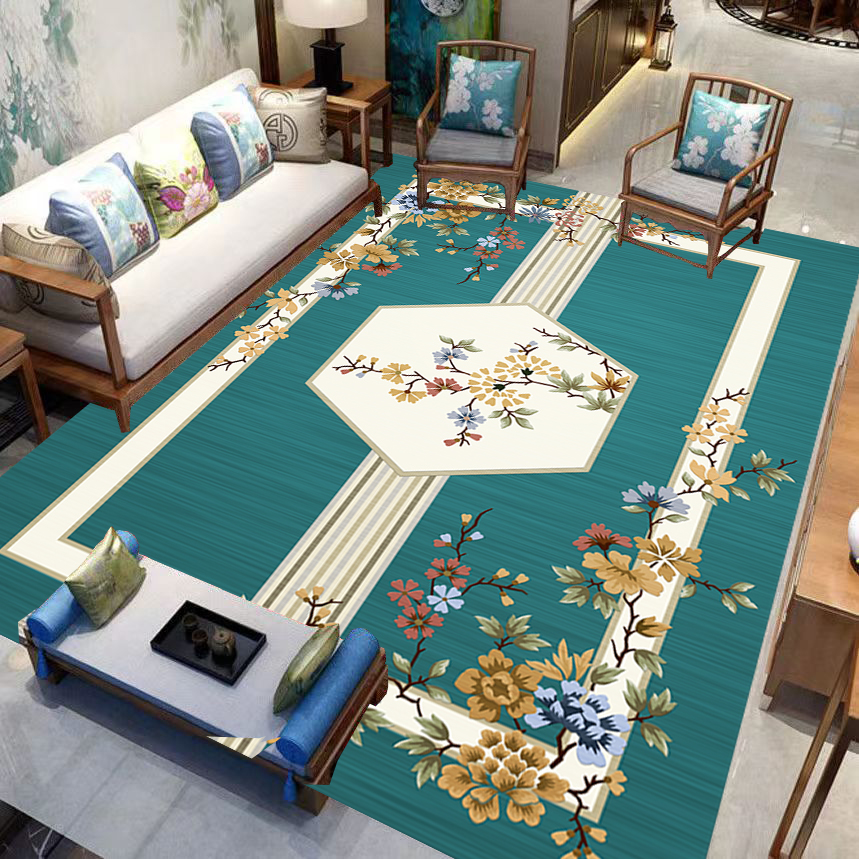 中式地毯圈绒高级感轻奢中式客厅地毯免洗可擦易打理中式卧室地垫