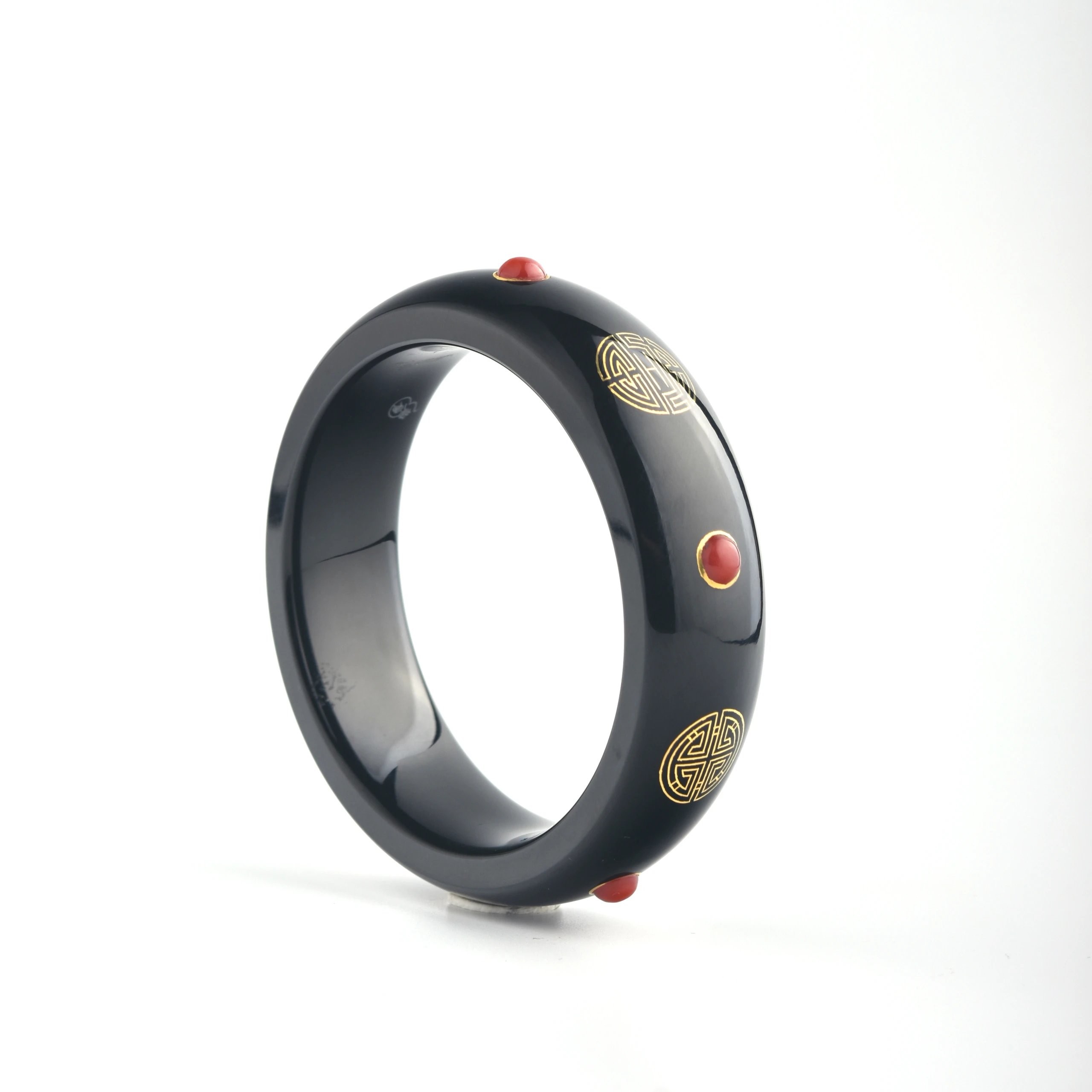 【016】和田青玉错金嵌珊瑚福禄寿喜镯