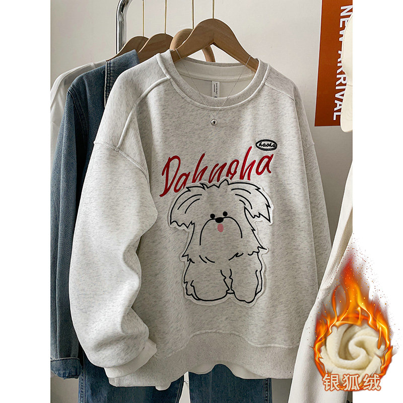 韩系贴布刺绣字母大狗设计款慵懒大版百搭宽松休闲圆领卫衣女