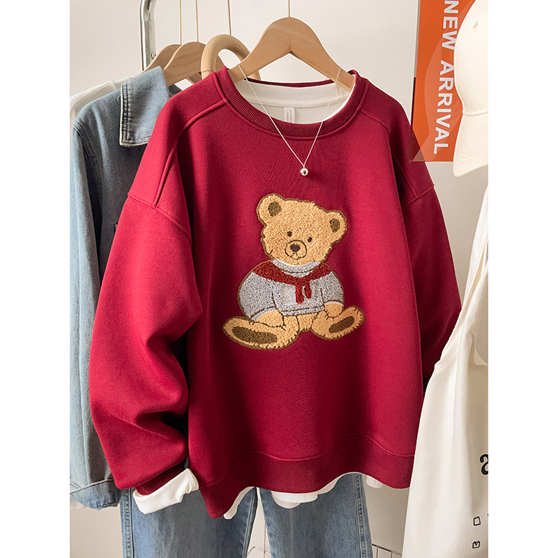 2025新款秋冬韩版加绒休闲宽松上衣服无帽圆领套头小熊刺绣卫