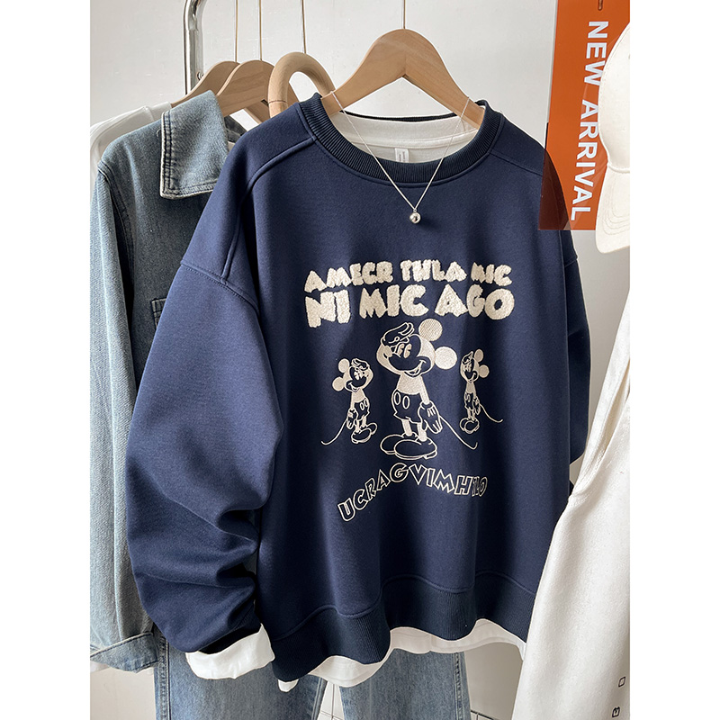 秋冬慵懒风宽松米老鼠刺绣重磅卫衣女美式潮流复古休闲长袖上