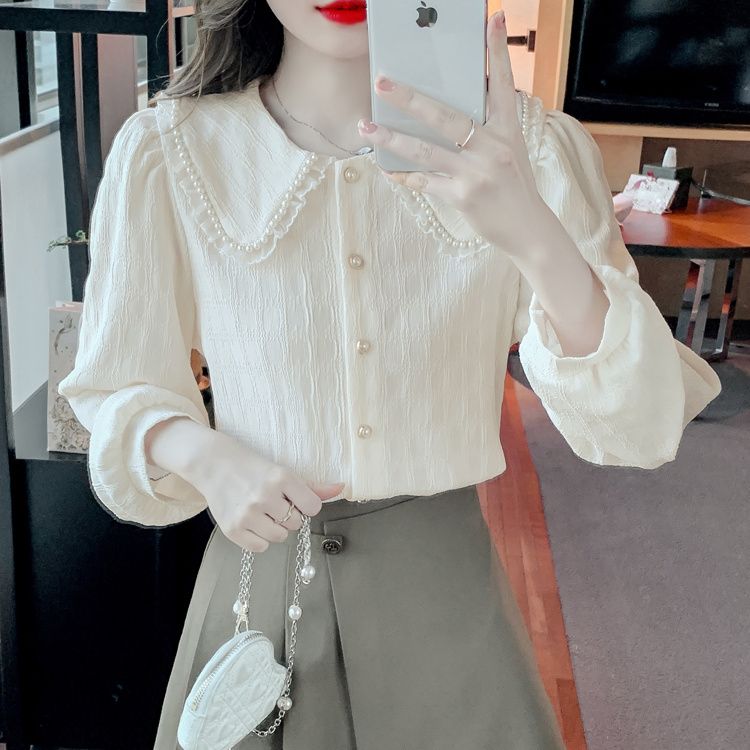 钉珠娃娃领衬衣春季新款法式花边泡泡袖衬衫女别致小香风长袖上衣