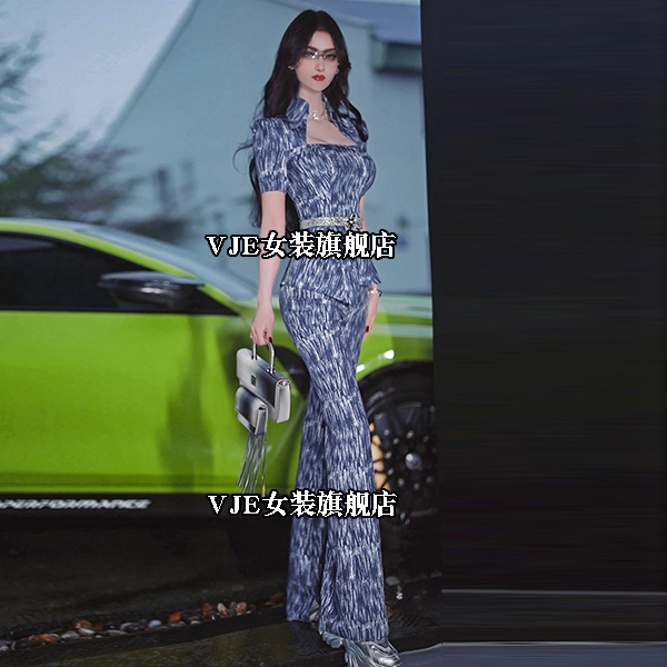 夏季仿牛仔印花短袖上衣喇叭裤两件套2025新款定制款欧美炸街套装