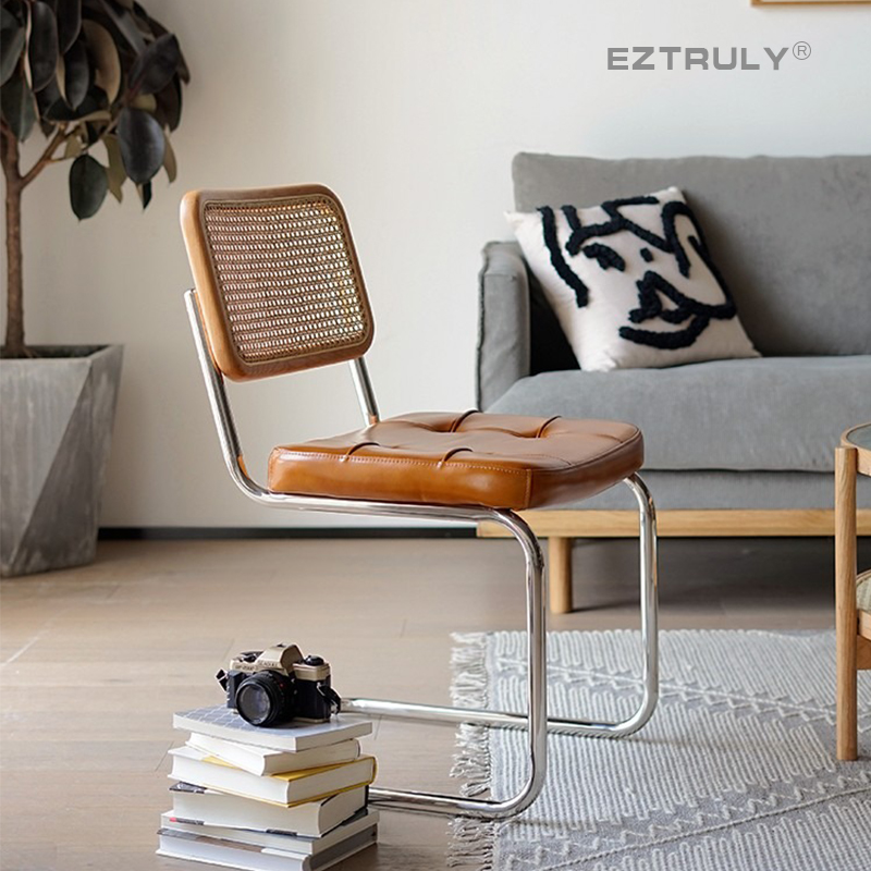 宇翊臻复古风设计师餐椅家用软包藤编靠背椅吃饭椅子梳妆椅书桌椅