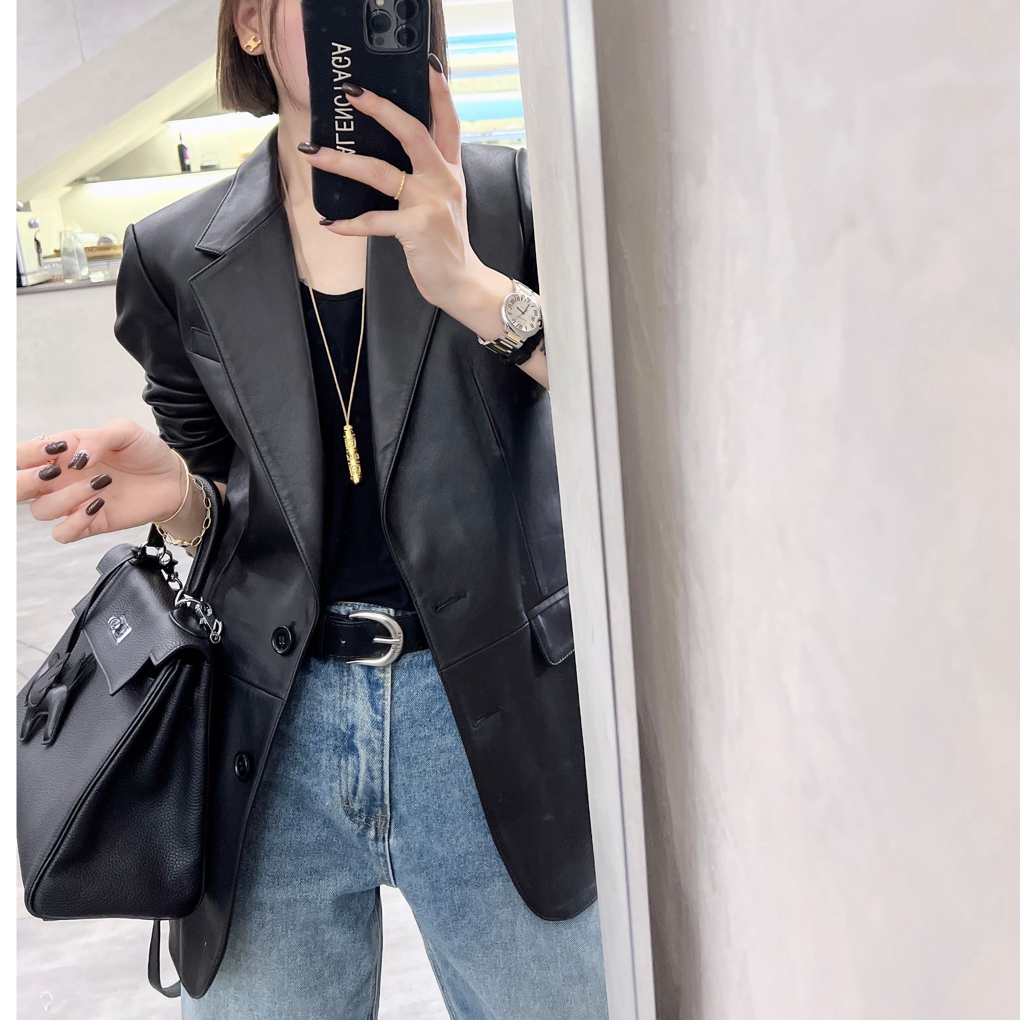 【木槿定制】新款SL绵羊皮西装款皮衣女外套宽松气质真皮显瘦百搭