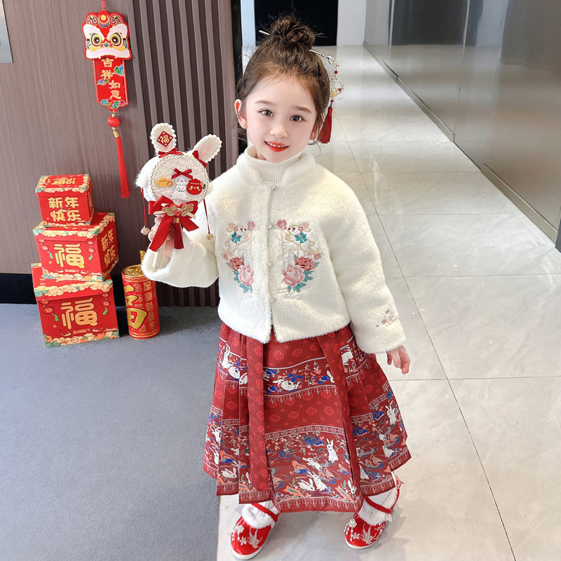 彩宝宝女童马面裙秋冬装儿童加绒国风套装周岁宝宝礼服小童唐装冬