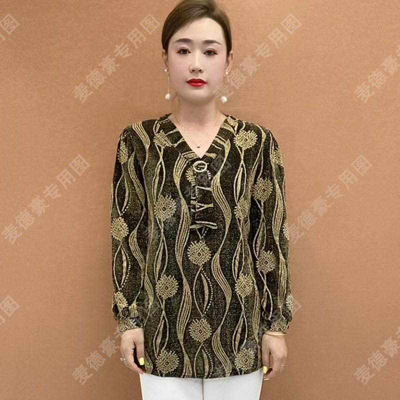 春季新款时尚妈妈装V领时尚减龄碎花大码洋气遮肚显瘦长袖小衫