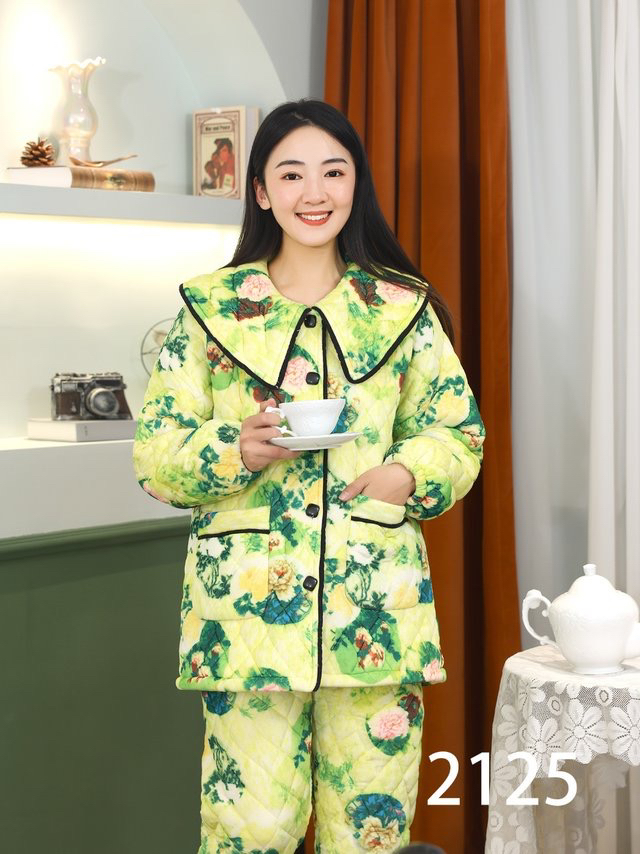 原创大花三层加厚保暖套装家居服2125绿花