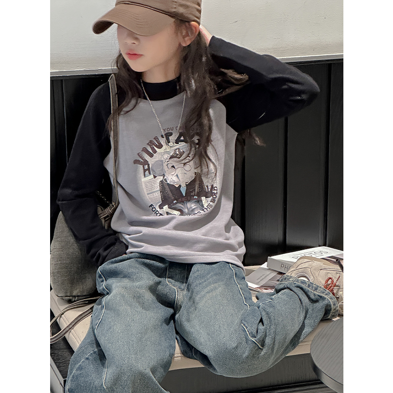 K27521孙小美插肩袖女童长袖T恤2025新款磨毛加厚打底上衣潮