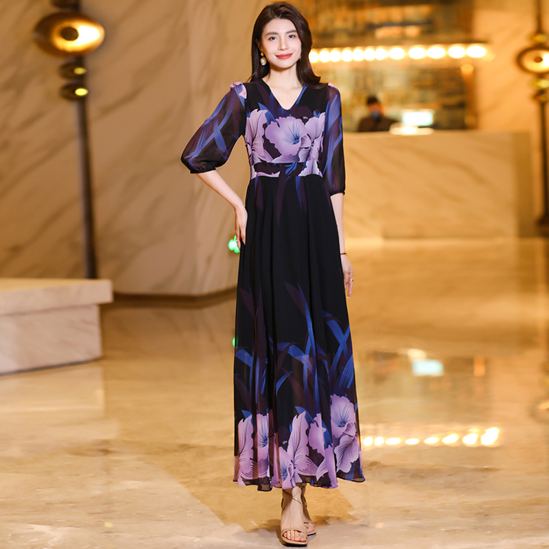 紫色优雅复古风连衣裙女夏季新款气质长裙及脚踝女度假沙滩裙4009