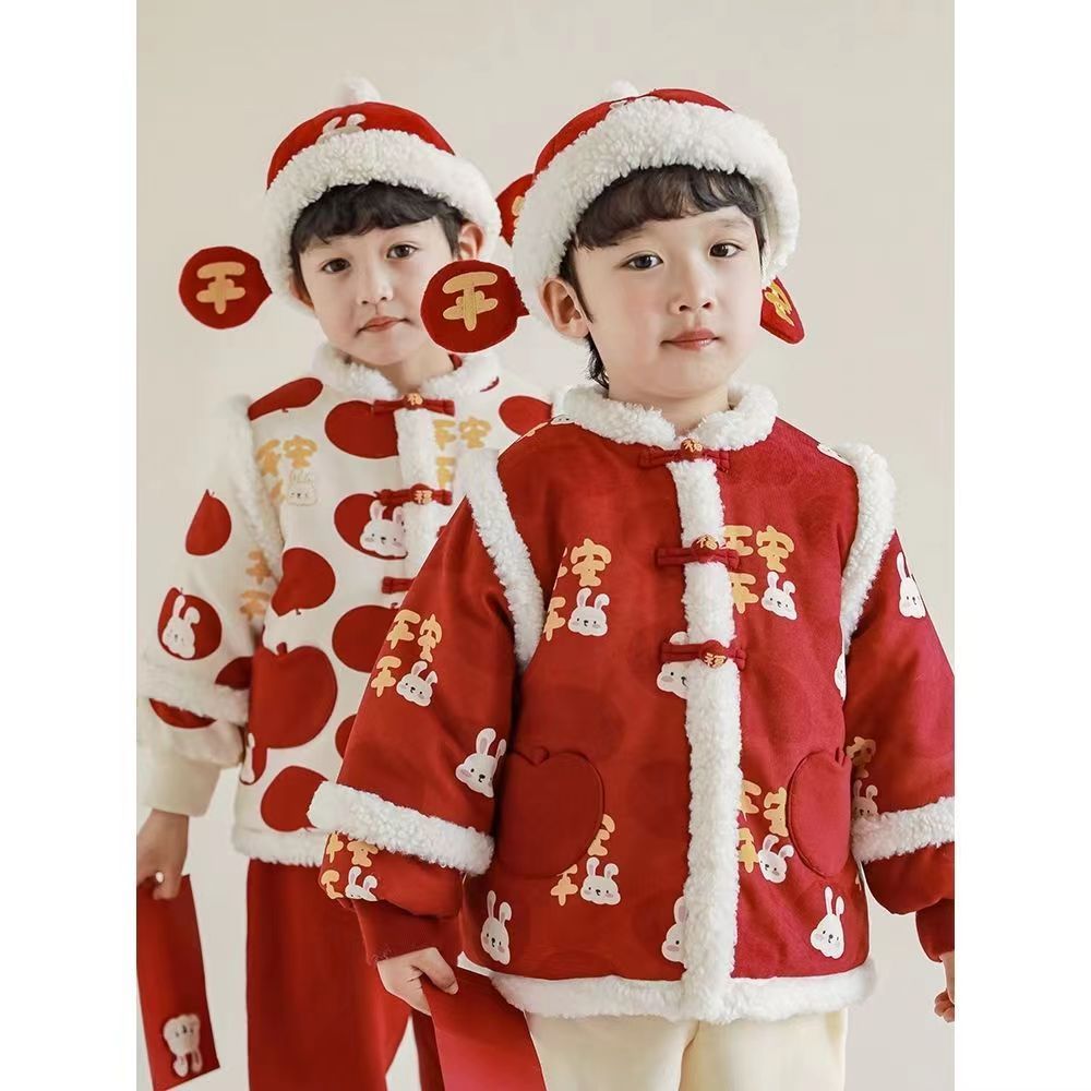 儿童拜年服2023新款男女童刺绣盘扣拼绒棉服中国风宝宝洋