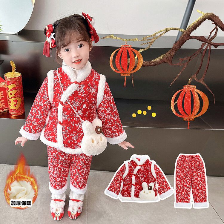 女童2023冬款拜年碎花服大花袄棉服幼儿冬季加厚中国套装