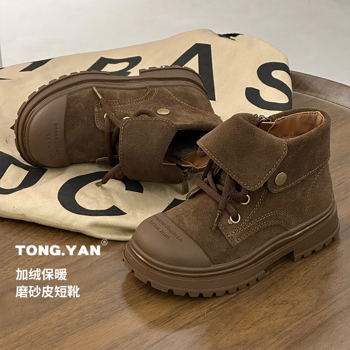 男童加绒靴子冬装新款复古英伦风中大童童鞋厚底儿童马丁靴潮A230