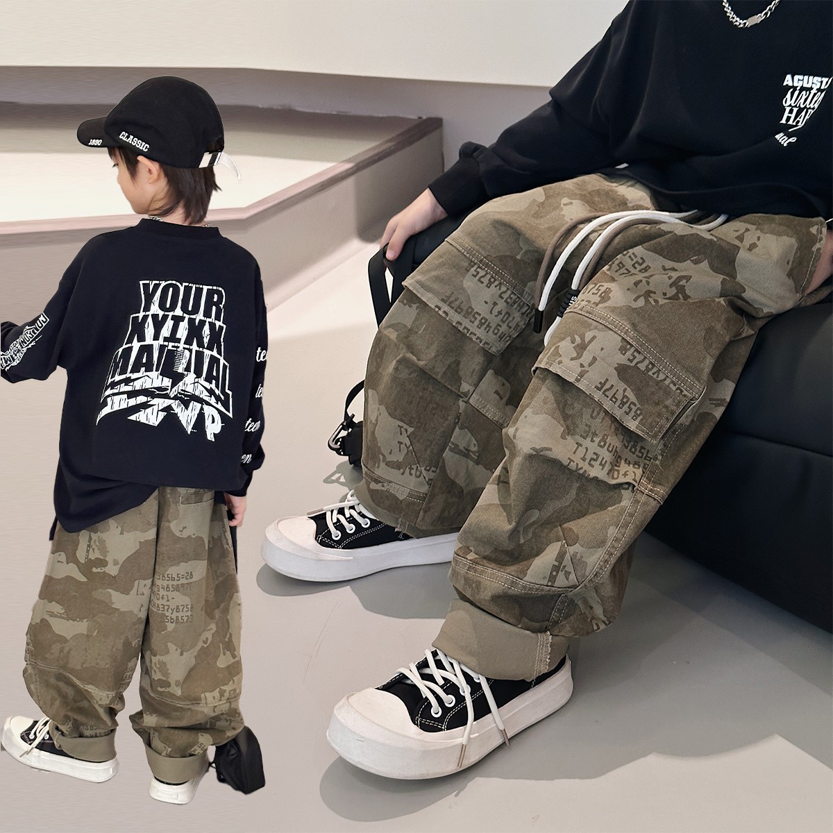 男童裤子2023秋装新款中大童帅气牛仔裤港风长裤儿童迷彩裤TY6502