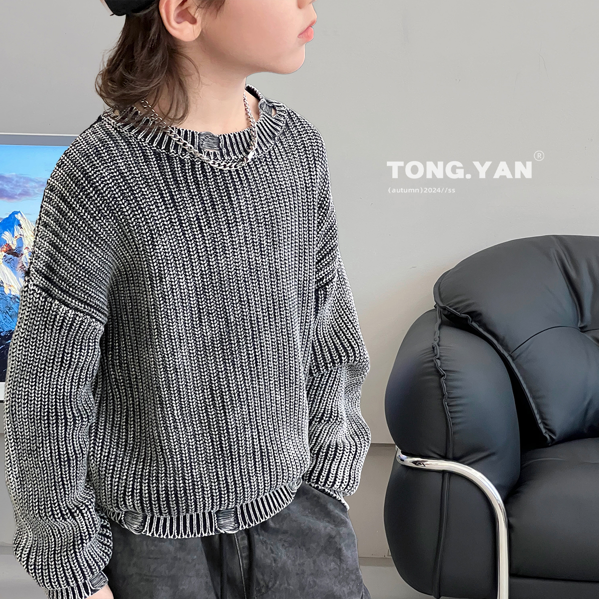 童沿【石墨灰】男童毛衣2024秋装新款中大童套头针织衫韩版YC68603