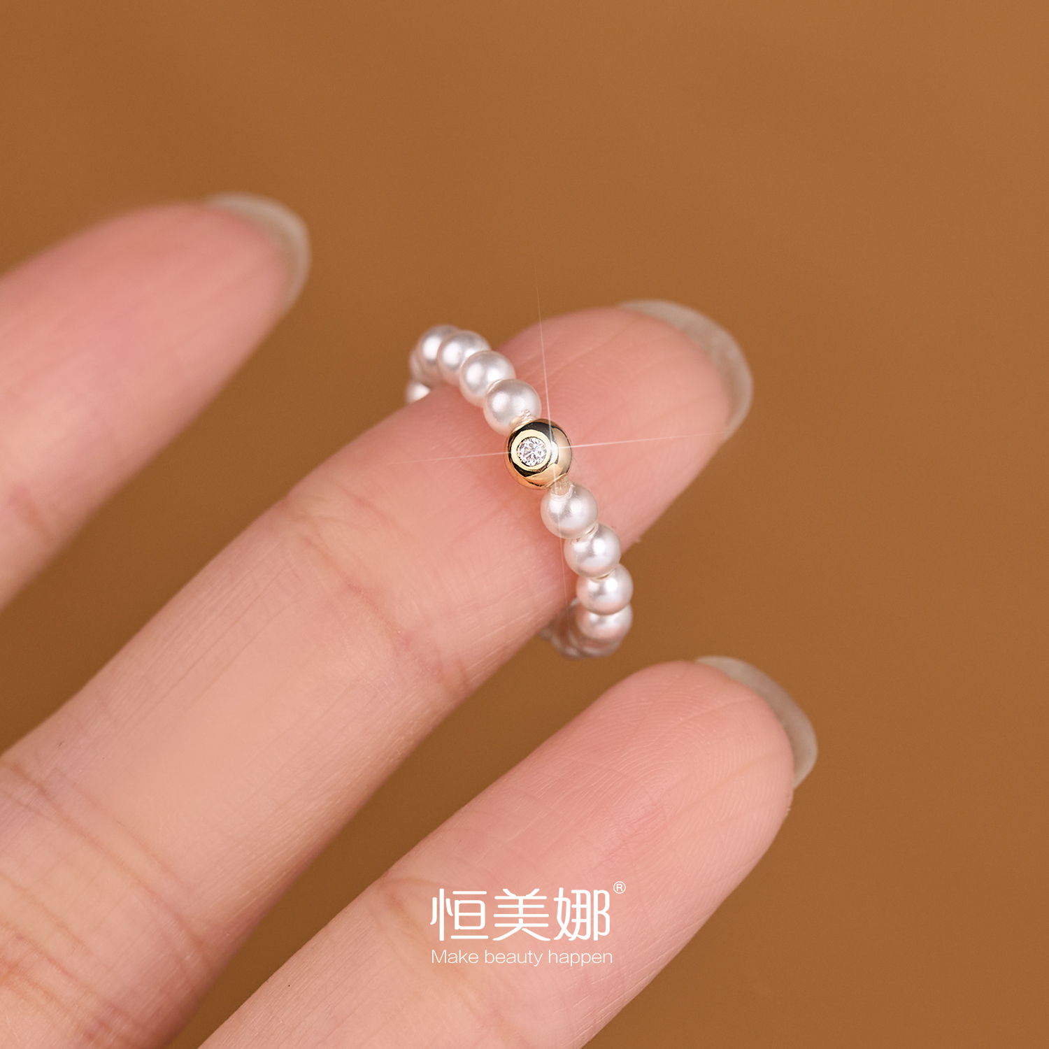 恒美娜 925银仿珍珠戒指 【珠珠戒指】法式复古气质小众百搭精致