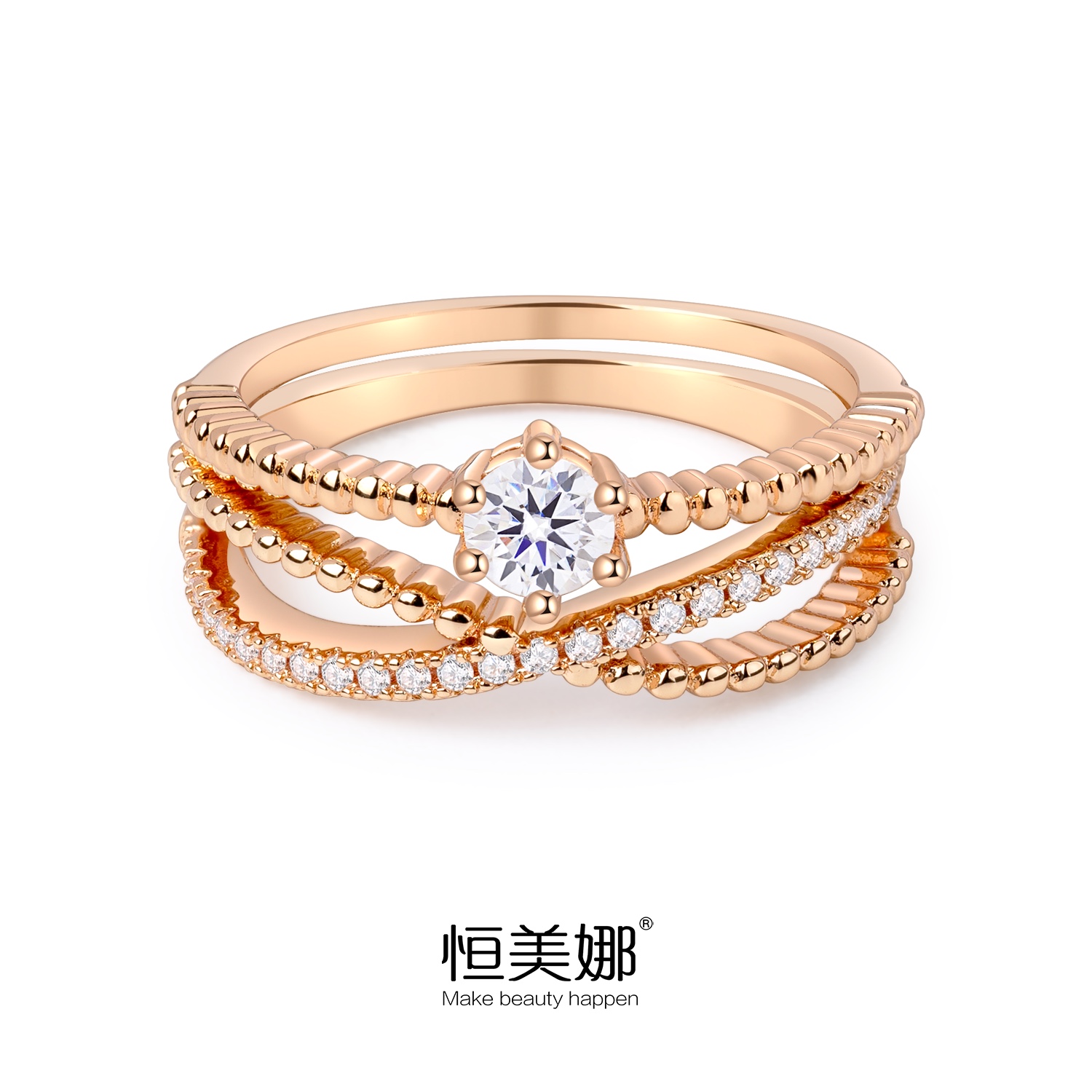 恒美娜 925银莫桑石戒指 浪漫丝带银戒两件套镶钻时尚情侣精致女