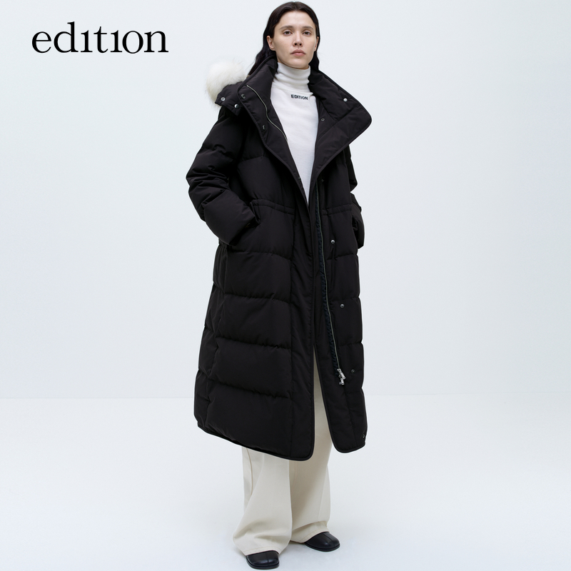 edition轻羽绒女长款连帽收腰鹅绒羽绒服#EBC4EINT19