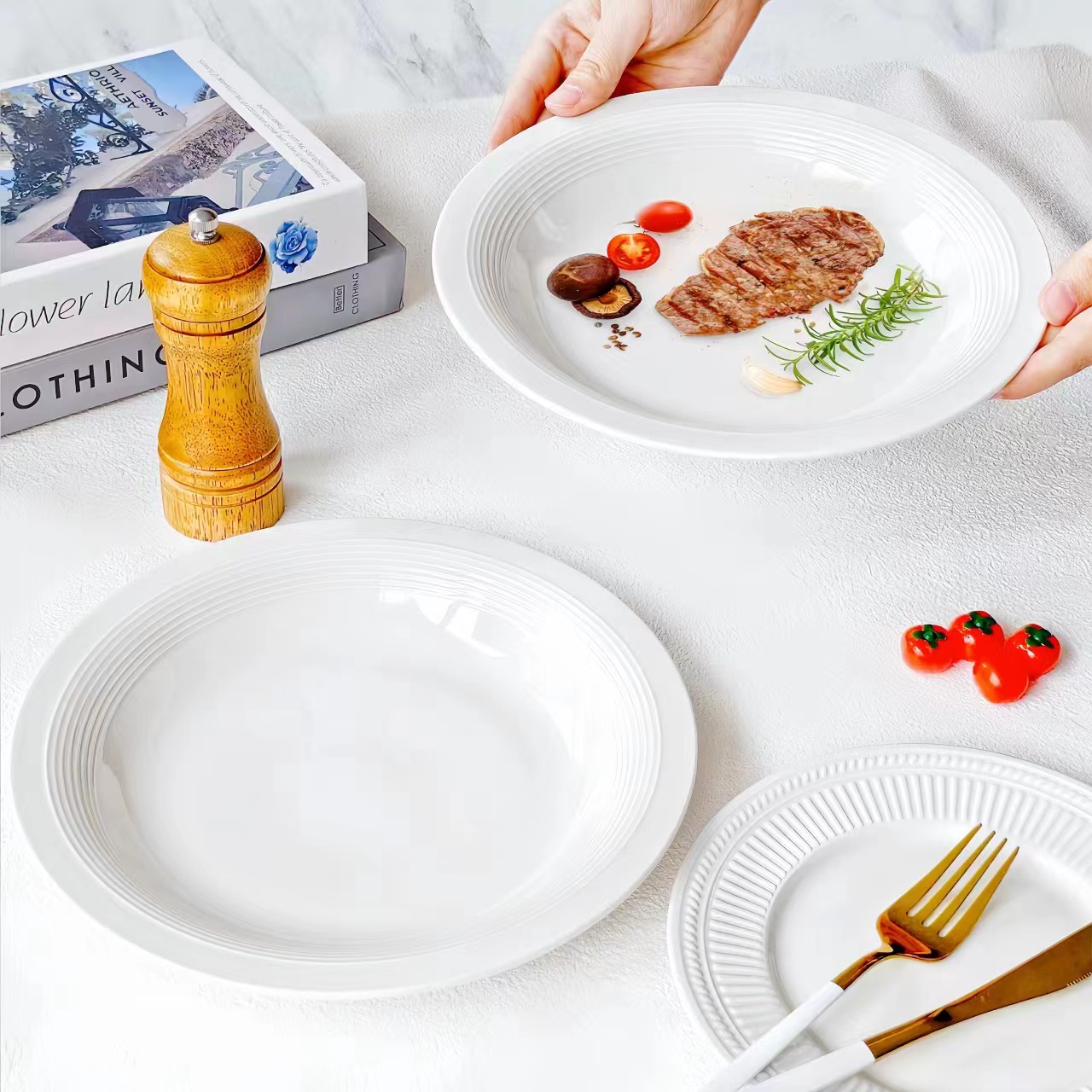  9.25 草帽盘意面盘西餐盘北欧创意汝白陶瓷菜菜盘圆形菜盘子家用