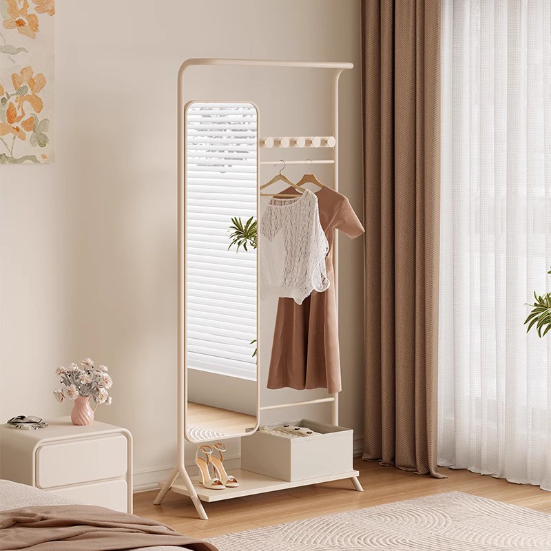 法式奶油风带柜衣帽架全身镜落地移动收纳篮穿衣镜创意轻奢挂衣架