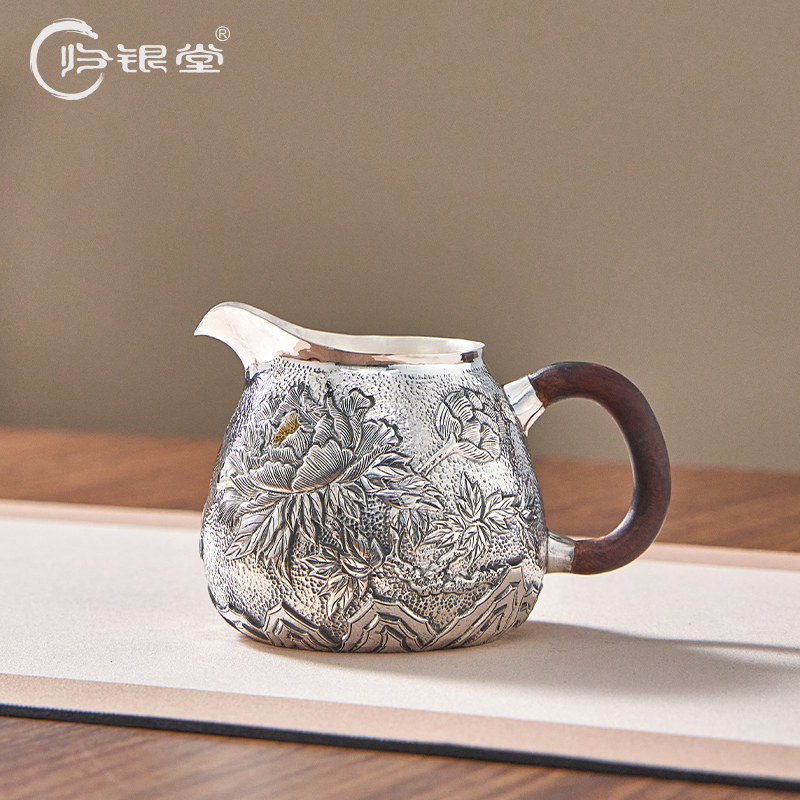 归银堂足银999精工浮雕牡丹公道杯手工茶海大容量分茶器高档茶具