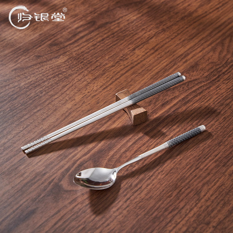 足银银制品 复古四海升平银筷银勺中式足银手工银器餐具