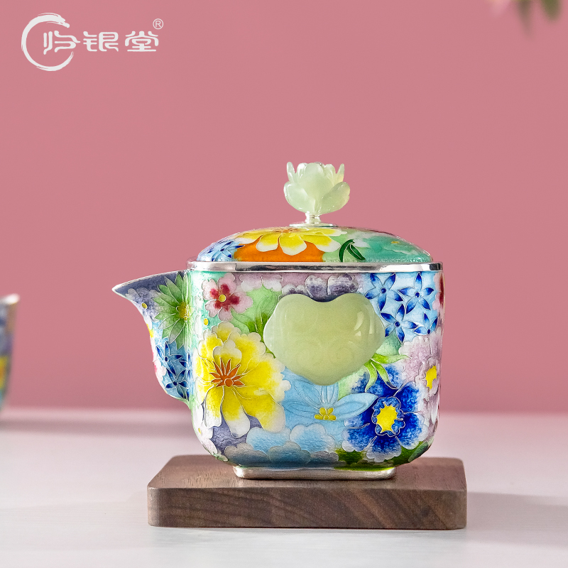 归银堂足银999七宝烧珐琅彩万花手抓壶手工高端茶壶送人茶具