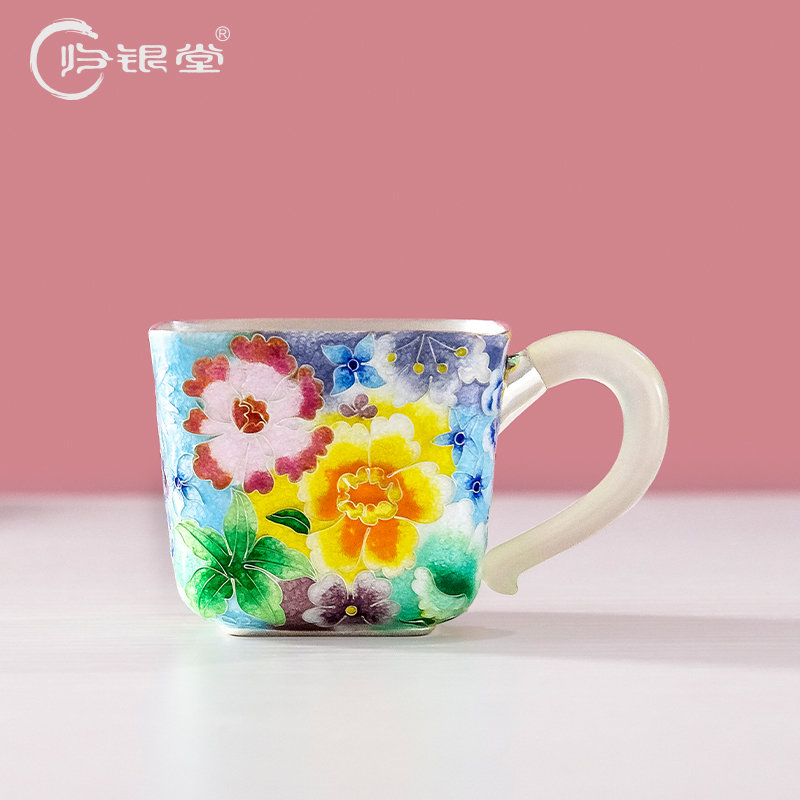 归银堂足银999七宝烧珐琅彩万花四方杯把手杯手工银杯高端茶具