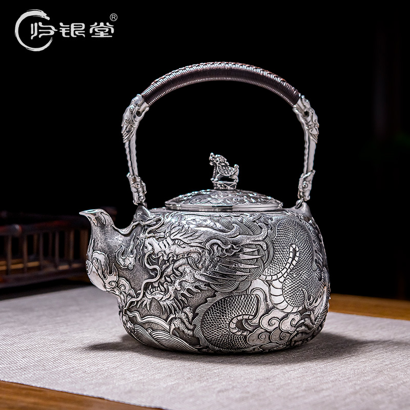 归银堂足银999口耳一体双龙烧水壶提梁壶茶壶茶具GS-YCH211203