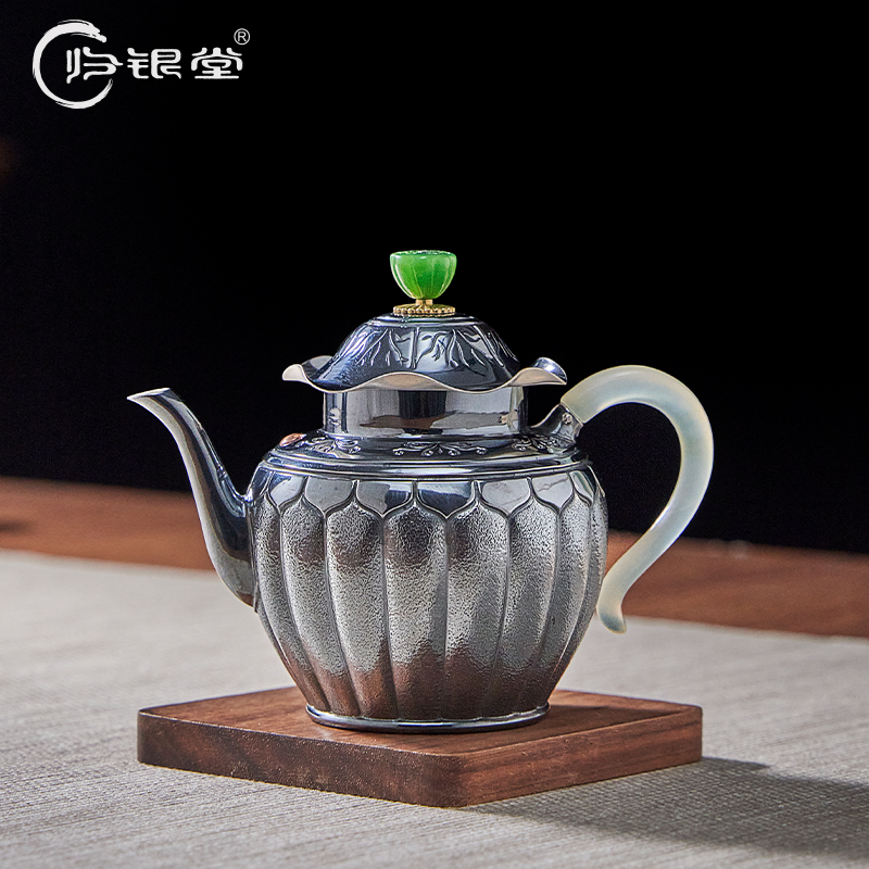 归银堂足银999玉柄荷花宫灯泡茶壶中式创意手工茶壶复古茶具