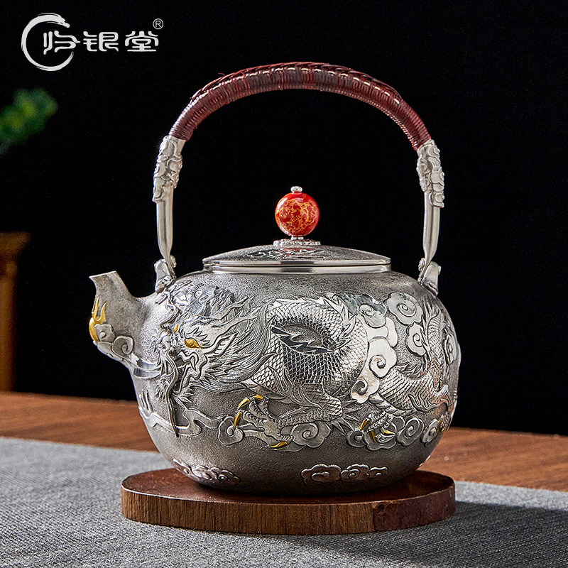 归银堂足银999镀金祥云龙烧水壶煮手工茶壶茶具礼盒GS-HSSH230605