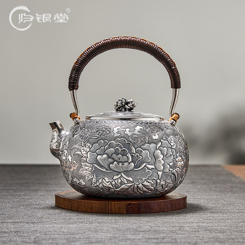 归银堂足银999并蒂牡丹缠枝烧水提梁壶手工茶壶茶具GS-HCH190706