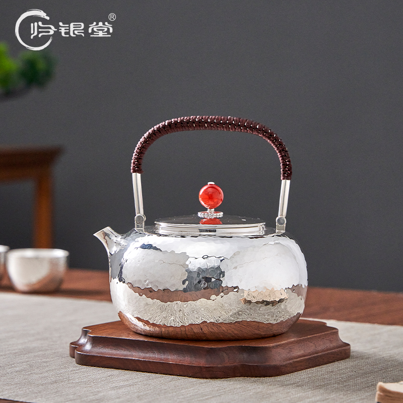 归银堂足银999小平丸烧水壶煮水壶锤纹手工茶壶茶具GS-HSSH240902