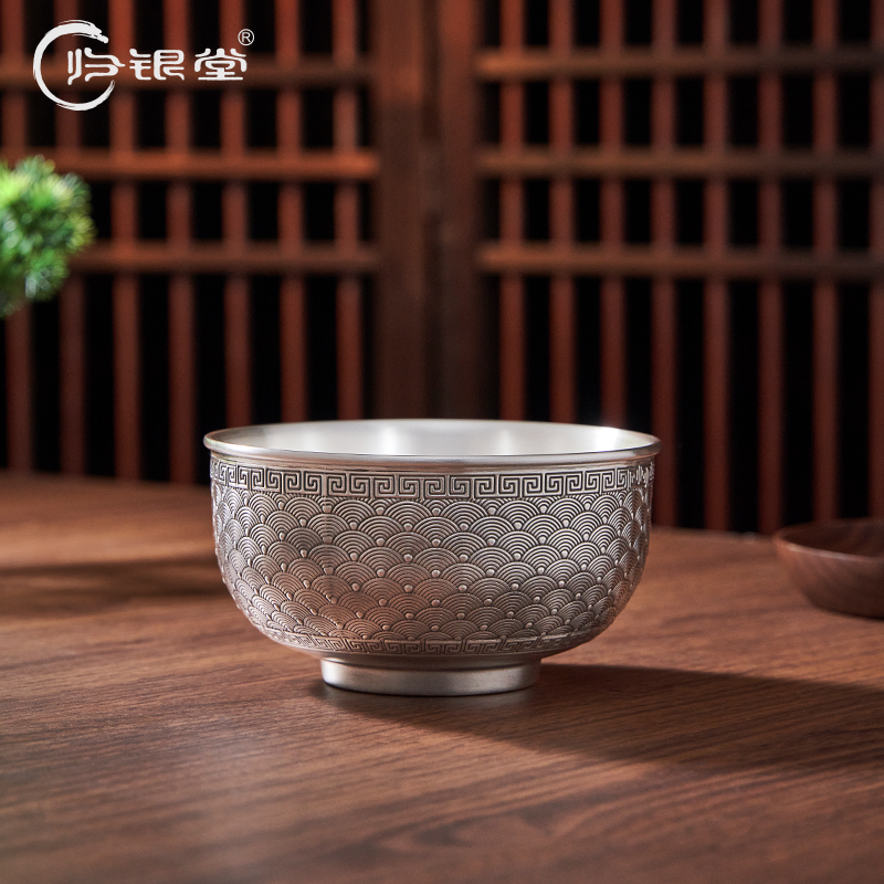 归银堂 足银银制品 双层隔热银碗银器餐具足银中式四海升平大容量